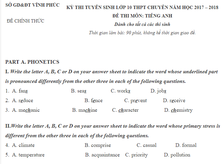 de thi mon tieng anh vao lop 10 chuyen vinh phuc