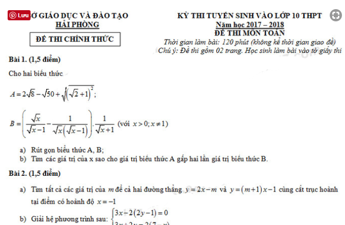de thi mon toan vao lop 10 tinh hai phong 2017 co dap an