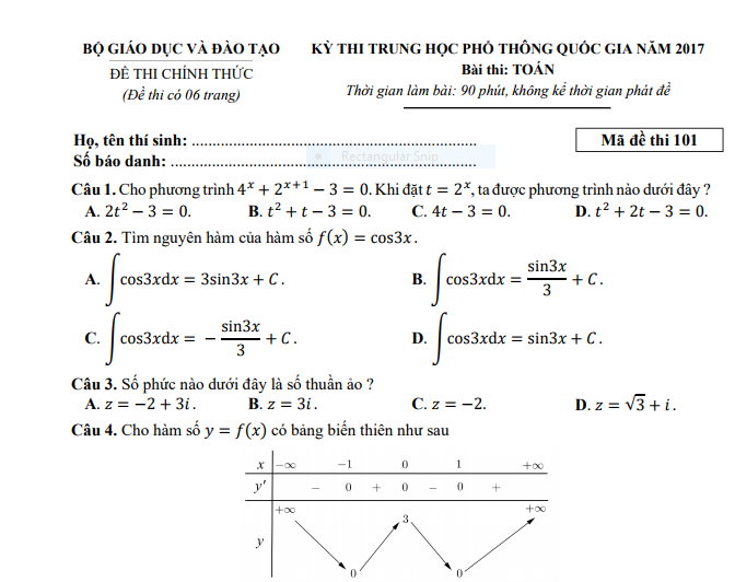 de thi thpt quoc gia mon toan 2017 ma de 101