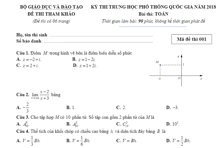 de thi minh hoa mon toan ki thi thpt quoc gia 2018 1